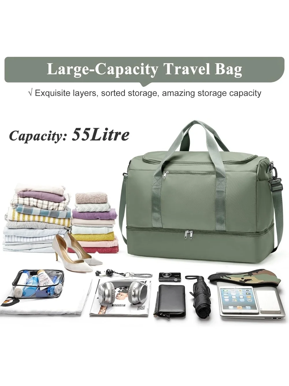 XTRA LARGE Olive Green Travel Duffle Bag - Weekend & Gym Carryall